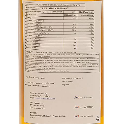 Image of nutndiet Cold Pressed Niger Seed Oil (100% Cold Pressed (Kacchi Ghani) using Wooden Kolhu /Chekku) (Ramtil ka Tel | रामतिल का तेल | Huchellu Enne | ಹುಚ್ಚೆಳ್ಳು ಎಣ್ಣೆ) | PET Bottle (950ml)