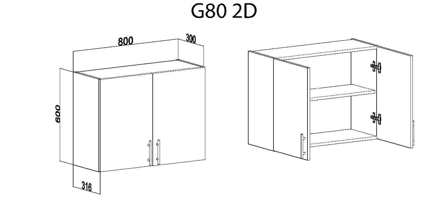 Küchenhängeschrank 80 cm – Küchenoberschrank mit 2 Türen & 2 Regalfächern – Wandschrank für Küche, 80×60×31,6 cm – Hängeschrank aus Holzwerkstoff, Wandmontage