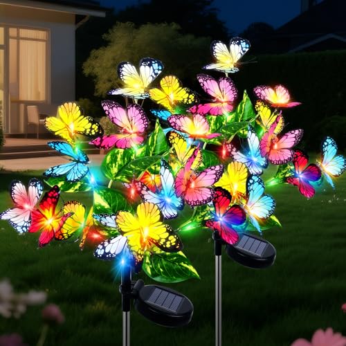 Ninonly Lampe Solaire Exterieur Jardin, 2 Piéces Papillon Lumière et Feuille d'Arbre, 2 Modes Décoration Jardin Extérieur Solaire Étanche, Éclairage...