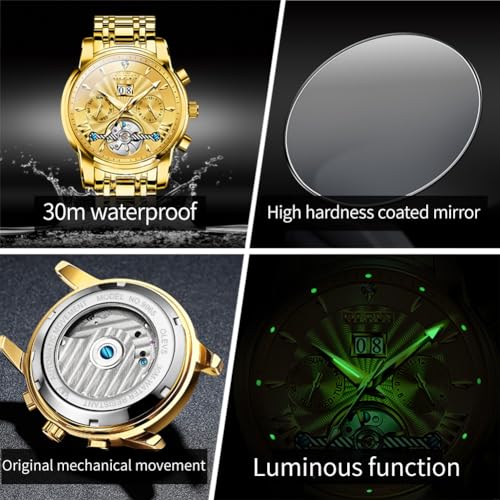 Image of OLEVS Watches for Men Automatic Skeleton 5 Hands Mechanical Luxury Watch Classic Calendar Stainless Steel Waterproof Mens Wrist Watch