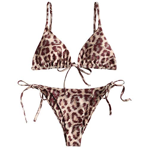 ZAFUL Women's Snakeskin Print Swimsuit High Cut Bikini Set Straps Two Piece Bathing Suit (S, Leopard Brown-Q)