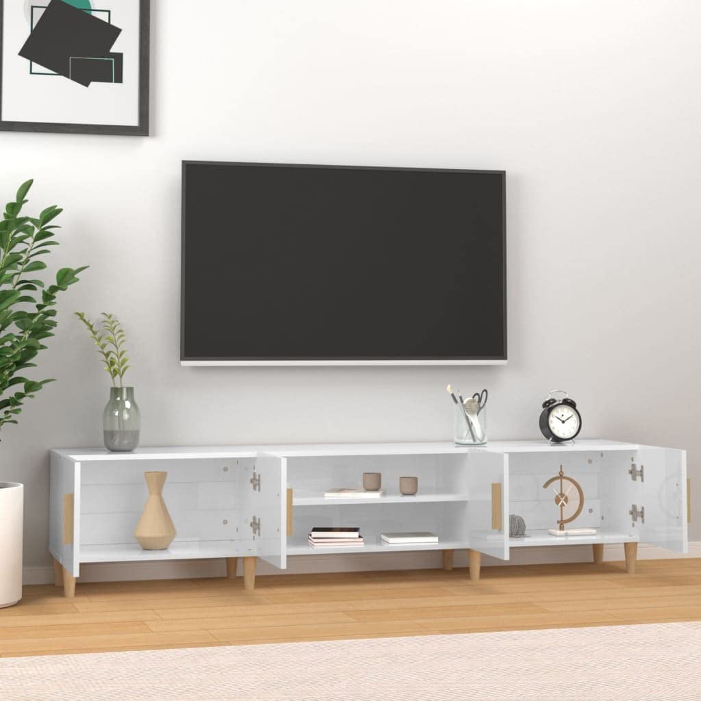 Mobile TV bianco lucido in legno 180 x 31,5 x 40 cm con 4 scomparti e ante, credenza bassa per soggiorno, camera da letto, scaffale per ricevitore HiFi, soundbar