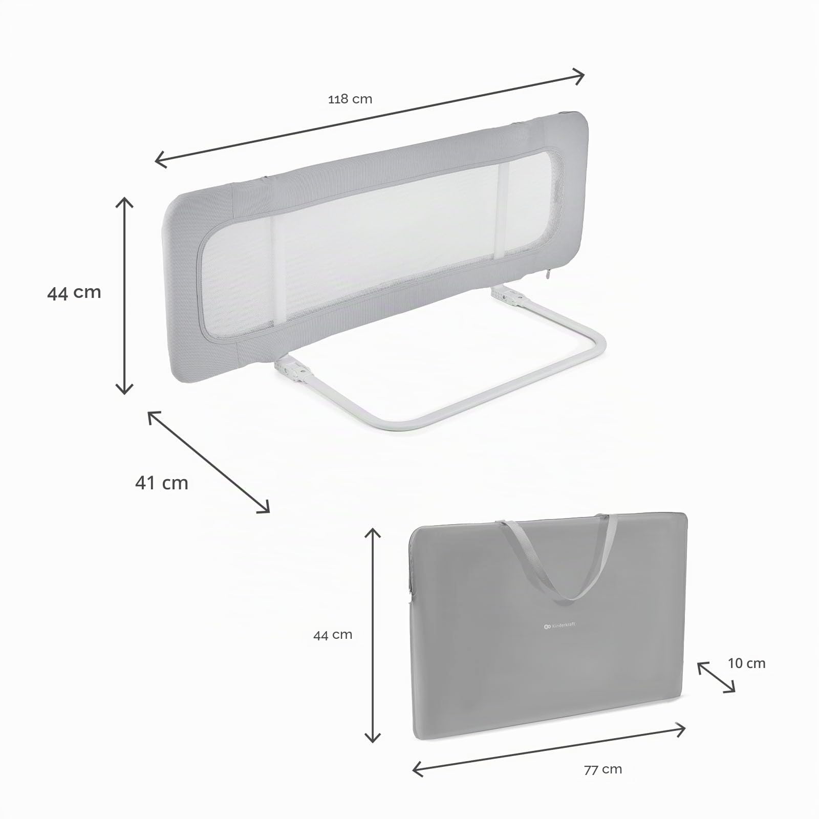 Kinderkraft Guard & Dream Barrera Universal para Cama, para Niños de Entre 18 Meses y 5 Años, Pliega Fácilmente, Regulación de Altura, Gris Claro