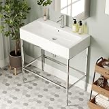 DeerValley Bathroom Console Sink 32'x17' Free Standing 34 Inch Sink for Bathroom, White Vessel Ceramic Vanity Basin Modern Rectangular with overflow, Silver Legs, DV-1CS0253A