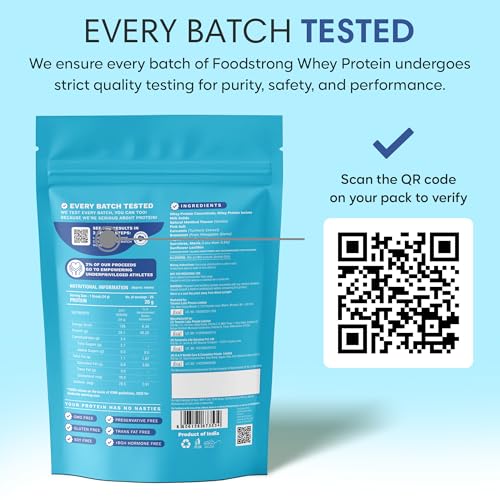 Image of Foodstrong Whey Protein Powder (Concentrate + Isolate), 100% Hormone Free Grass-Fed Whey, 26G Protein & 6.6G BCAA, Vanilla, With Turmeric & Digestive Enzymes, 1KG