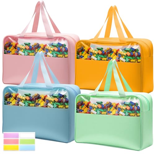 4 Pack Toy Storage Bags with Zipper & Labels, Reusable PU Leather Organizer Bags, Waterproof Travel Bags for Building Blocks, Board Games, Puzzles, Kids Books