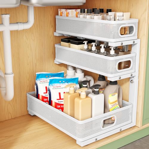 Image of Kitstorack Under Sink Organizer, 1-Pack 3-Tier Height Adjustable Thickened Metal Pull out Cabinet Organizer Shelf, Slide out Storage Drawer Rack for Bathroom Kitchen Pantry Home Laundry Organization