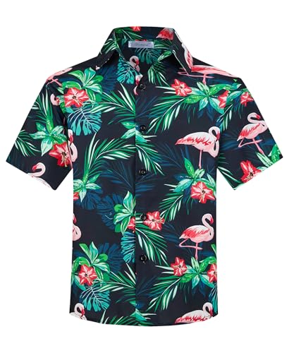 Yoimira Hawaiian Shirts for Boys, Button Down Short Sleeve Tropical Print, Kids Summer Beachwear Tops 7-14 Years