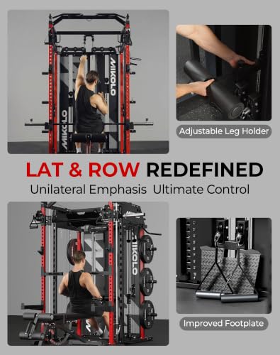 Image of Mikolo Smith Machine with Weight Stack, Power Cage Home Gym System with LAT Pulldown & Cable Crossover, Multi-Functional Trainer with Dual Pulley System, Includes 10+ Free Attachments