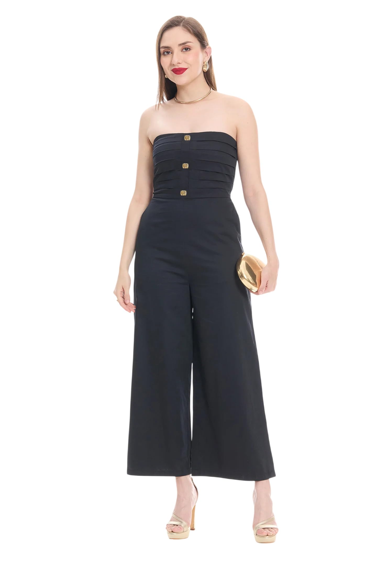 virgio Women’s Black Cotton Satin Tube Jumpsuit with Detachable Straps, Back Smocking and Pleated Bodice Detail, Gold Button Accent Longline Evening Jumpsuit for Women, Elegant One Piece Outfit-picture-14