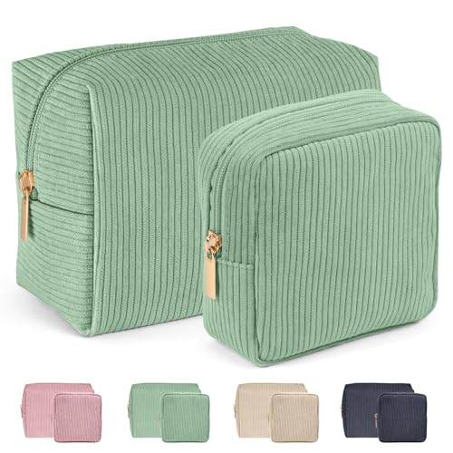 Kosmetiktasche MAGEFY 2 Pcs Kleine Make up Tasche Kosmetiktaschen für Frauen Cord Schminktasche Reise Kosmetiktaschen mit Metall Reißverschluss Make up Tasche für Handtasche (Grün)