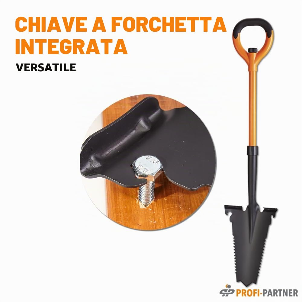 Vanga con sega a radice – Punta in acciaio al carbonio con denti affilati, manico in vetro febbre, chiave combinata integrata e apribottiglie, 114 cm, smontabile, arancione e nero