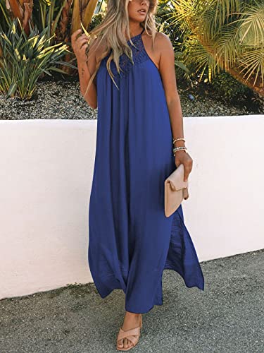 Image of FARORO Sleeveless Long Dress for Women Boho Halter Maxi Sundress Casual Loose Dresses Split Cover Up Gown with Pockets