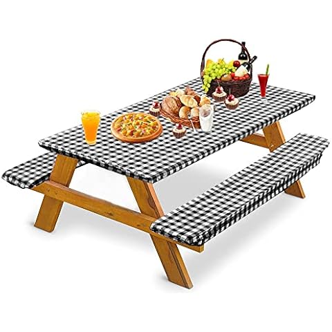 bealy Picnic Table Cover with Bench Covers, 3 Piece Set Vinyl Tablecloth Waterproof Checkered Fitted Picnic Table Covers with Elastic Edge for Outdoor Indoor Patio Camping Party, 72X30 Inch Cover