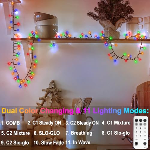 Image of 2 Pack Dual Color Changing Battery String Lights (Warm White & Multicolor) | Total 20Ft 400 LED Christmas Cluster Lights with Timer 11 Modes Waterproof Firecracker String Light for Tree Garden Decor