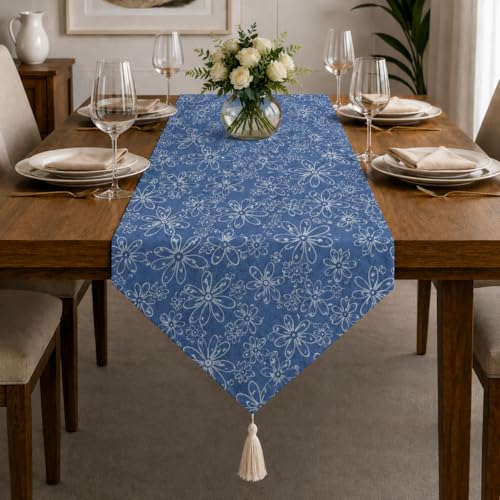 Image of STITCHNEST 'Nomad Weave Collection' Jacquard Table Runner 13x72 Inches| Tassel Finish | Modern Dining Table Decor
