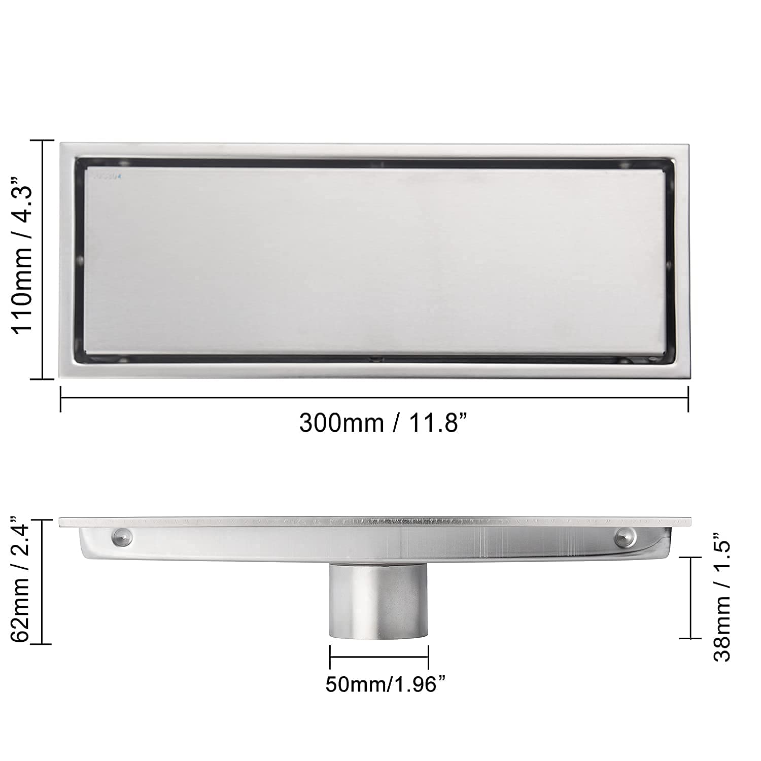 DEOKXZ 12 Inch Brushed Nickel Linear Shower Drain Pipe with Tile Insert Grille, Removable Hidden Cover, SUS304 Stainless Steel Rectangular Floor Drain