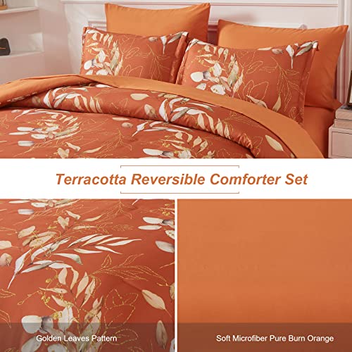 Botanical Comforter Set Queen, 7 Pieces Terracotta Floral Bed In A Bag Burnt Orange Comforter Golden Leaves Bedding Set Queen (1 Comforter,2 Pillowcase,2 Pillow Shams,1 Flat Sheet,1 Fitted Sheet) #TOP3