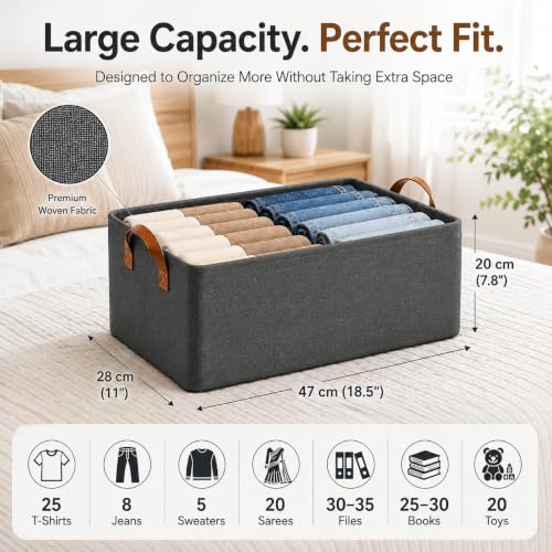 Image of JD FRESH 1 Pc Large Foldable Storage Box and Organiser with Steel Frame /Woven Fabric Clothes Organiser with Handle /Wardrobe Organizer for Storage /Almirah Organizer for Shirts /Jeans /Sweater (Grey)