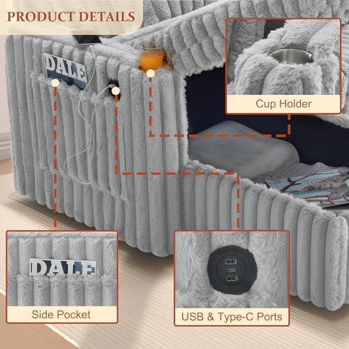 Image of 107'' Sectional Sleeper Sofa with Pull Out Bed, Storage Chaise, Adjustable Backrest, USB Charger, Cup Holder & Side Pocket, Fluffy Soft Corduroy U Shaped Couch for Living Room, Cloud Grey