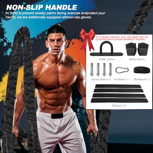 Battle Rope Workout Equipment 1.26 Inch Diameter 30FT Exercise Heavy Weighted Gym Battle Rope with Protective Cover Exercise Equipment Core Strength Training - Image 5