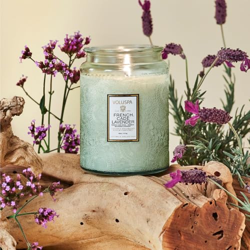 Image of Voluspa French Cade Lavender Large Scented Candle Jar 18 Oz, 100 Hr Burn | Coconut Wax Blend in Decorative Glass, Clean Even Burn, USA Handcrafted Gift for Hosts, Fragrance Lovers & Relaxed Rooms