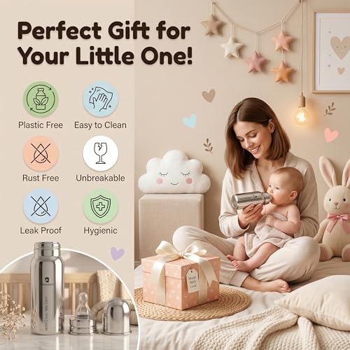 Image of StarAndDaisy Baby Milk Bottle for new Born /Infant /Toddler Pack of 3-200 ML SUS 304 Steel Baby Feeding Bottle for 0+ Months, BPA Free Leakproof Bottle, Anti Colic, Easy to Clean & Extra Nipple