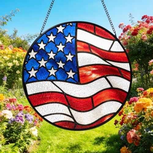 American Flag Patriotic Stained Glass Window Hanging, Suncatcher Sun Catcher Window Art for Doors Garden Patio, Window Decor Hanging Panel 5.9in