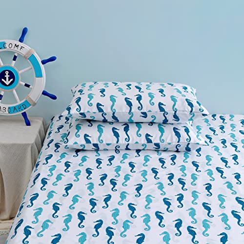 Vonty Kids Duvet Cover Twin Size, 3 Pieces Blue Seahorses Comforter Cover Set(Not Comforter), Washed Microfiber Duvet Cover Set - Breathable & Cute Quilt Cover With Zipper Closure And Corner Ties #TOP6