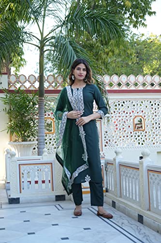 Image of GoSriKi Women's Cotton Blend Straight Embroidered Kurta with Pant & Dupatta (Tistha Green-Jan40-GS)