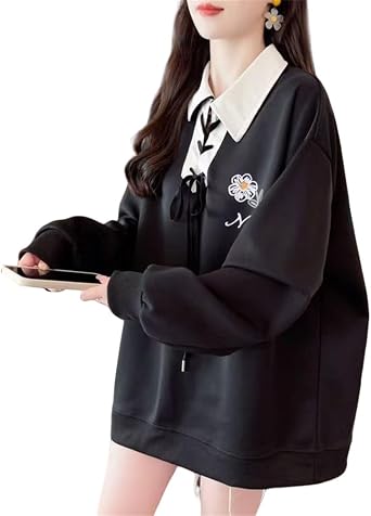 Womens Sweatshirt, Loose Hoodie, Korean Cotton, Big Silhouette, Long Sleeve T-Shirt, Top, Polo Collar, Autumn Clothes, Spring Clothes, School Style, Sweatshirt, Student Top, Cute, Academic