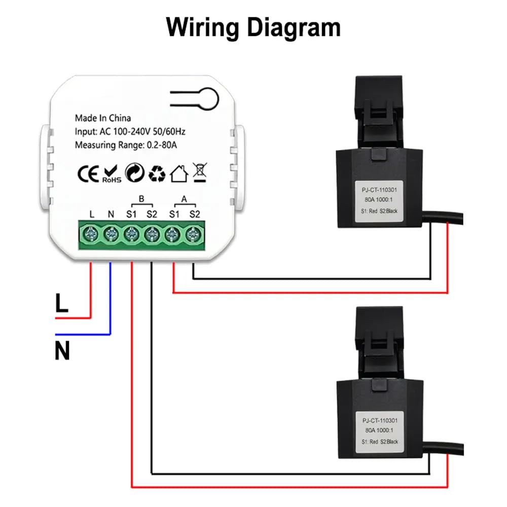 DollaTek Medidor de energía inteligente WIFI 80A con monitor de energía para el hogar inteligente CT de 2 abrazaderas (blanco)
