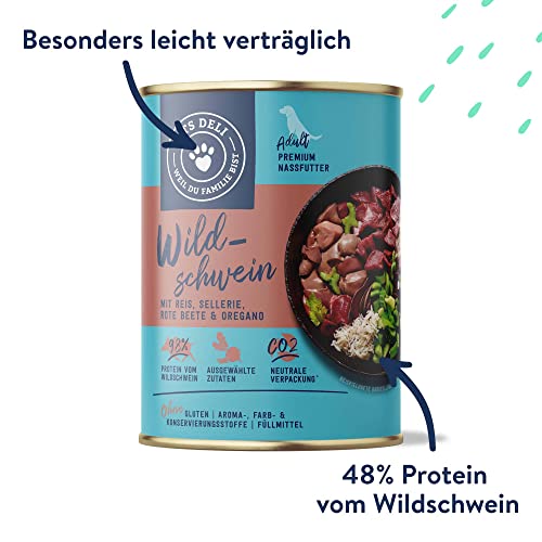 Pets Deli Nassfutter für Hunde mit Wildschwein, Reis, Sellerie, Rote Bete und Oregano ohne Zucker und Gluten 6 x 400g