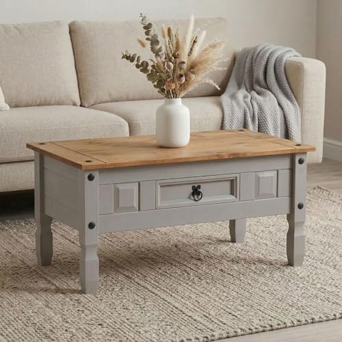 IDIMEX Table Basse Ramon Table d'appoint rectangulaire en pin Massif Gris et Brun avec 1 tiroir, Meuble de Salon Style Mexicain en Bois dim 95 x 45 x 50 cm