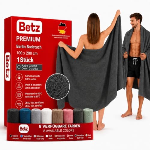 Betz Badetuch XXL 100x200 cm – 1 Stück – Saunatuch & Strandtuch aus 100% Baumwolle, 360 g/m² – saugstark & weich – großes Handtuch mit Aufhänger – Serie Berlin – Farbe Graphit