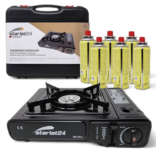 Starlet24 Juego de cocina de camping con 6 cartuchos de gas y maletín de transporte, ideal para actividades al aire libre como camping y senderismo, portátil y autosuficiente, sin electricidad