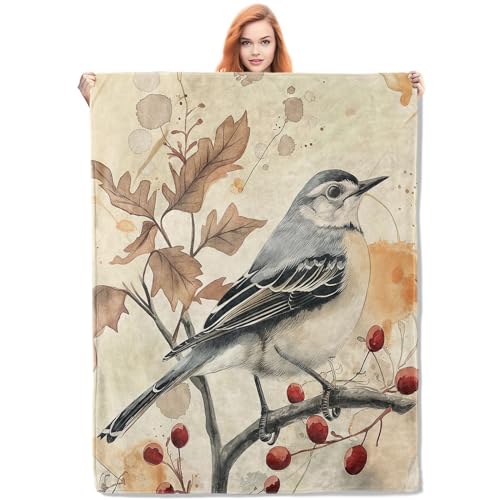 VANZEV Northern Mockingbird Blanket,Vintage Bird Flannel Throw Blankets,Soft Warm Lightweight