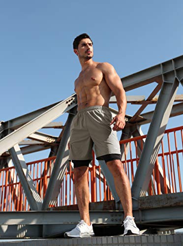 Image of Pudolla Men's 2 in 1 Running Shorts 5 inch Quick Dry Gym Athletic Workout Shorts for Men with Phone Pockets