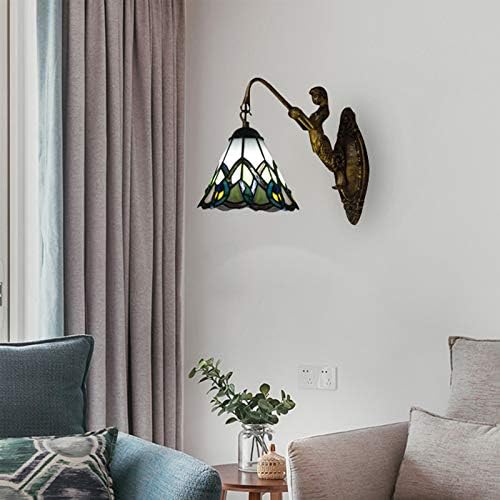 LITFAD Mermaid Wall Sconce Features Beautiful Peacock Tail Pattern Tiffany Stained Glass Shade Wall Light Decorative LED Wall Lamp for Staircase Bedroom Hotel Restaurant