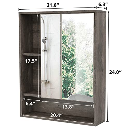 Choochoo Bathroom Wall Mirror Cabinet, Medicine Cabinet With Single Door And Adjustable Shelf, Over The Toilet Space Saver Storage Cabinet, Grey #TOP2
