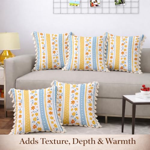 Image of STITCHNEST 'Little Meadow Series' Tassled Cushion Cover | Set of 5 | Floral Cushion Cover 16 inch x 16 inch
