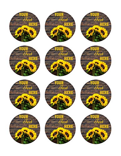 Yellow Sunflower Bouquet on Wooden Rustic - Edible Cupcake Toppers - 2" cupcake (12 pieces/sheet)