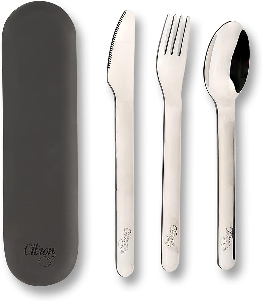 Citron- Stainless Steel Cutlery Set | 3 pc Silverware Fork, Spoon and Knife BPA Free Set for Kids- Black