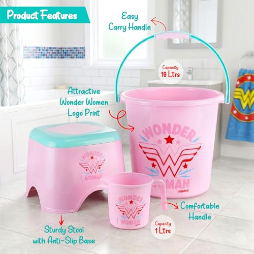 Image of Nayasa Kids Wonder Women Print Bathroom Set of 3 | 18 LTR Bucket, 1 LTR Mug and Stool Combo for Children | Sturdy and Durable | Lightweight and Rigid | Easy to Clean and Attractive Design | Pink