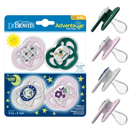 Image of Dr. Brown's Advantage Glow-in-the-Dark Baby Pacifier, Fully Symmetrical Soother with Soft Silicone Bulb, Scooter Squirrel-Purple Nature, 6-18m, BPA Free, 4 Pack