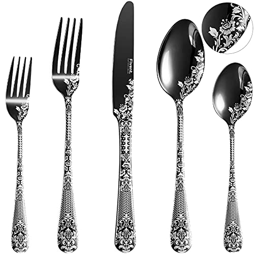 Floral Damask Rose Black Cutlery Set 20 pcs Includes 8 x Spoons 8 x Forks 4 x Knife Stainless Steel Dishwasher Safe Mirror Polished Tableware Durable Flatware Home Kitchen