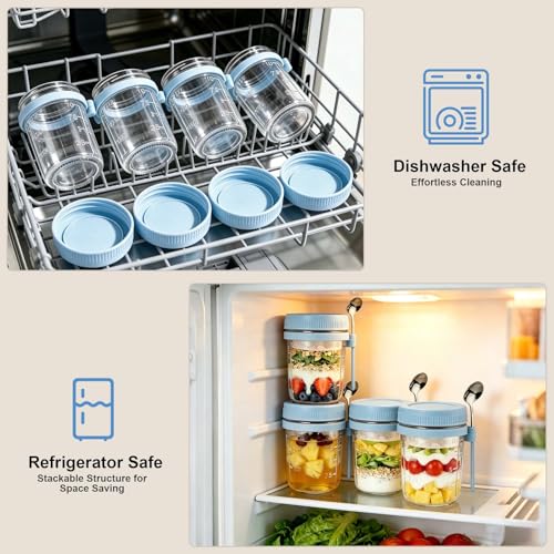 Image of 4 Pack Overnight Oats Containers with Lids and Spoons - 16 oz Glass Mason Jars with Dressing Cup, Over night Oat Jars for Meal Prep, Yogurt Parfait Cup for Chia Seed Salad (Blue)