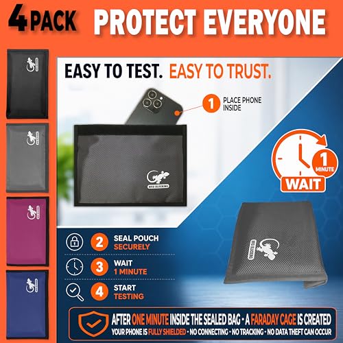 Image of 4 Faraday Bag Anti-Tracking GPS RFID Car Key Signal Blocker Wallet Shielding Pouch Protective Case for Cell Phone Car Key FOB, Data Privacy, Electronic Device Security (4 Pack - Family Pack)