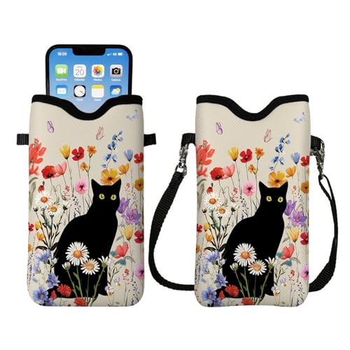 Image of Cell Phone Sleeve Pouch with Adjustable Strap - Cat with Floral