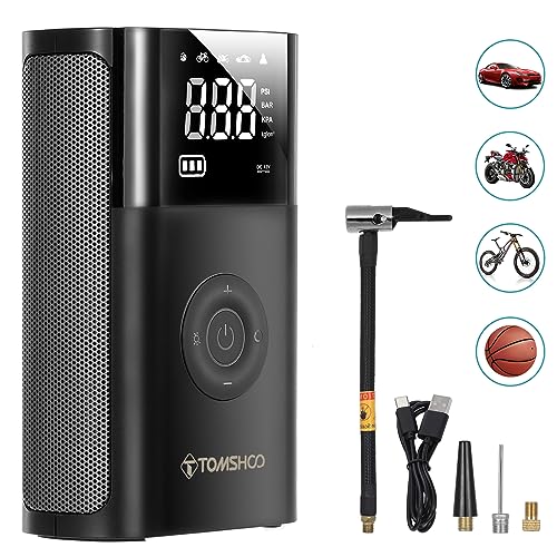 TOMSHOO Tire Inflator Portable Bike Pump Electric Air Pump for Car Air Compressor 4000mAh Cordless 150 PSI Tire Pump with Pressure Gauge, Emergency Light, Valve for Car, Motor, Bike, Ball